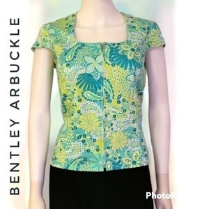 Vtg BENTLEY ARBUCKLE Teal Paisley Square Neck Short Sleeve Mod Zipper Blouse